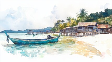 Obraz premium Koh Rong Island Watercolor Serenity - Tropical beach scene, tranquil waters, stilt houses, longtail boat, peaceful island paradise. Symbolizes relaxation, escape, adventure, serenity, and beauty