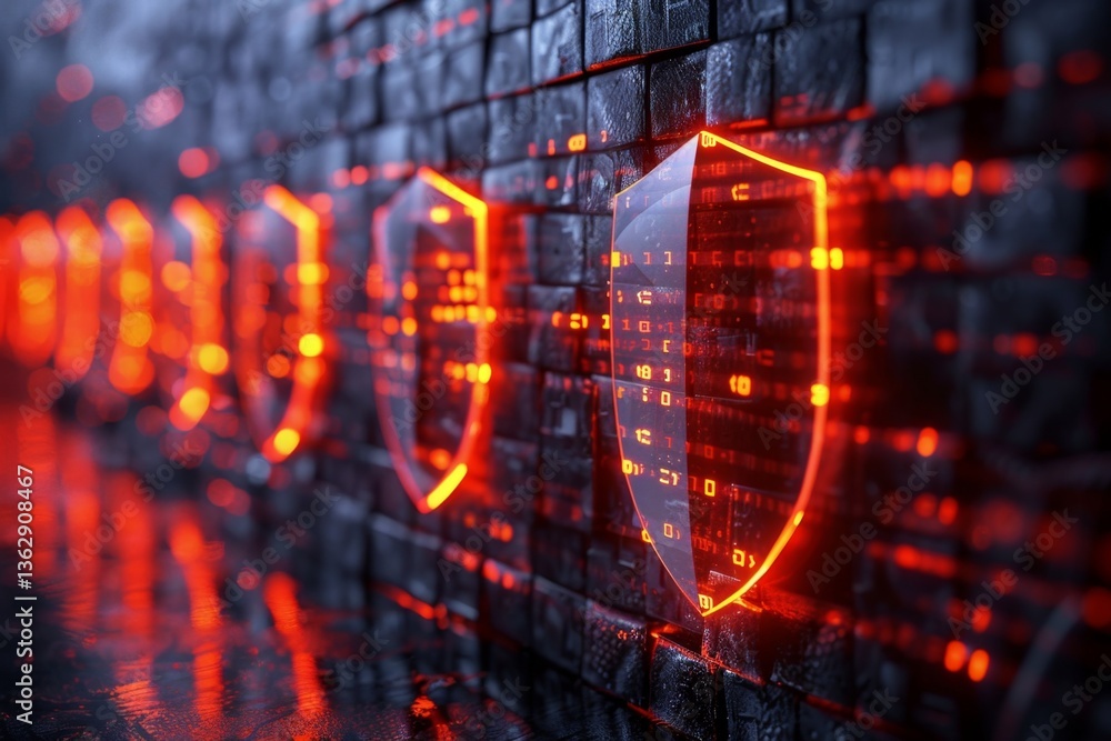 Poster surreal digital fortress depicting robust security measures with glowing shields and impenetrable wa
