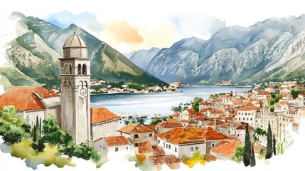 Kotor Montenegro Watercolor Landscape - Picturesque watercolor painting of Kotor, Montenegro. Depicts coastal town, mountains, sea, architecture, and serenity. Symbolizes travel, beauty, history