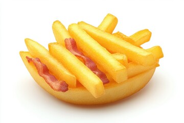 Golden french fries with crispy bacon strips in a potato bowl against a clean white background studio shot food photography