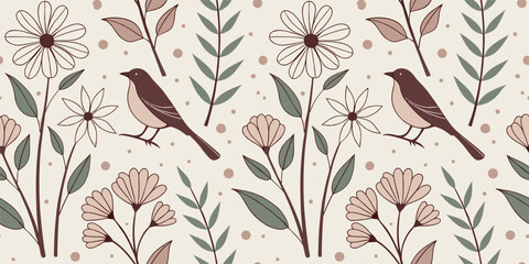 Seamless floral pattern with flowers and leaves for vintage decoration and textile design