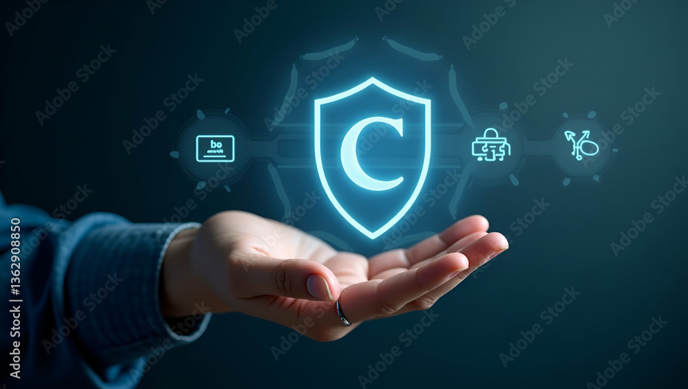 Poster hand holding holographic quality control certification device: assurance and guarantee icons for aut