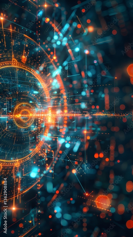 Poster surreal representation of abstract security symbols with glowing shapes and flowing lines in an othe