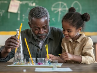 Grandpa and granddaughter excitedly working on a science project in classroom  