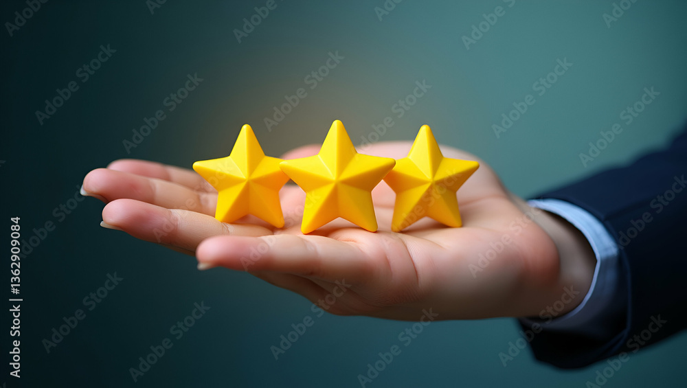 Poster Clients hand showing five star excellent service rating representing top customer experience and satisfaction with product and service reviews. concept as Clients hand presenting a five star rating sy