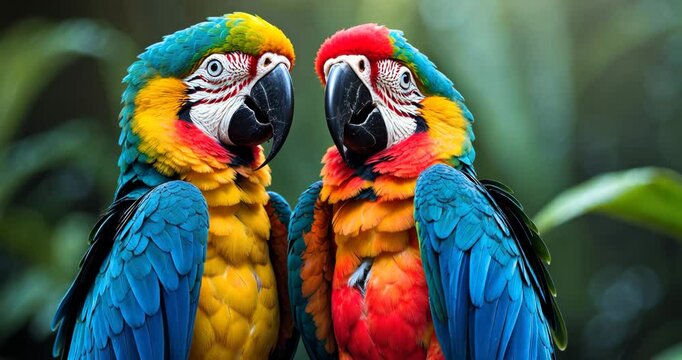 Blue and Gold Macaw or Green-Winged Macaw adorable pets vibrant birds, Stunning wildlife in nature with a close-up of a parrot featuring a red and yellow face against a green backdrop.