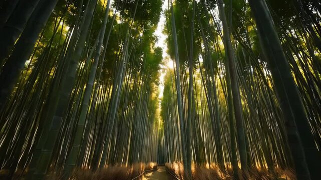 Peaceful bamboo grove with tall green stalks gently swaying in the breeze, soft sunlight filtering through, accompanied by the ambient sound of birds chirping, ideal for nature and relaxation footage1