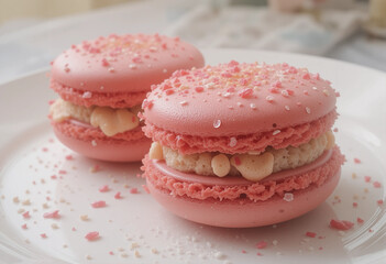 Two pink macarons with a white plate