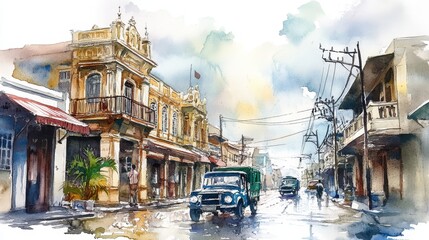 Manila Street Scene Watercolor - A watercolor painting depicting a vibrant Manila street scene, symbolizing colonial architecture, bustling city life, cultural heritage, historical preservation