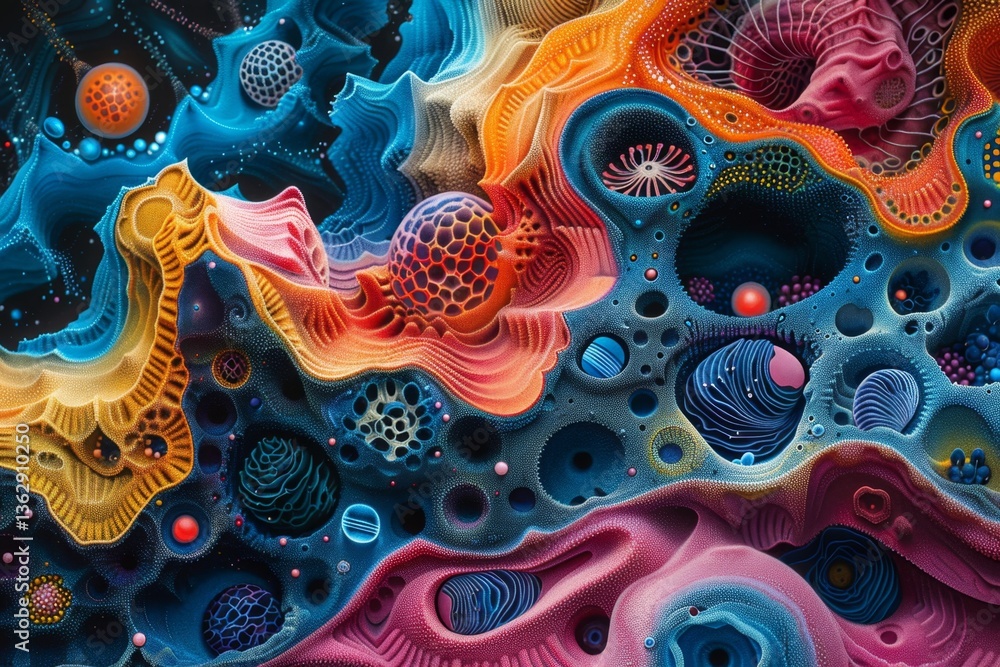 Poster surreal exploration of microscopic structures and cellular processes in vibrant colors and intricate