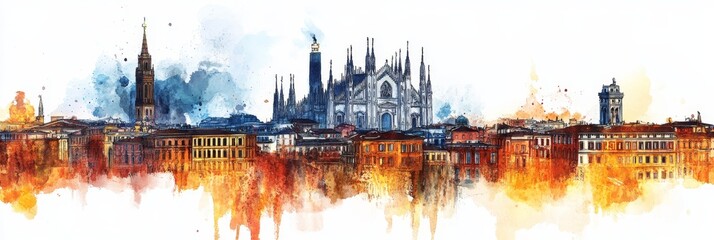 Fototapeta premium Milan Skyline Watercolor Painting - A picturesque watercolor painting of the Milan skyline, symbolizing Italian architecture, urban beauty, artistic expression, travel, and cultural heritage