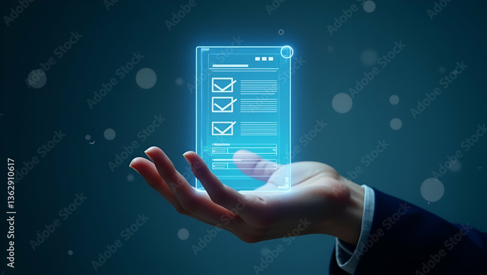 Poster flat hand presenting holographic device: showcasing standardized evaluation report formats with clar