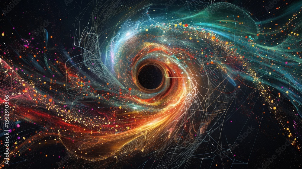 Poster exploring the vibrant vortex of global social media connections through interconnected nodes and swi