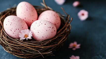 Colorful speckled eggs arranged in a rustic nest with delicate flowers on a blue background during springtime