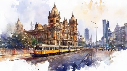 Mumbai's Victorian Charm and Modern Skyline - A watercolor painting depicting Mumbai's architectural blend: Victorian-era buildings, a vintage tram, and a modern cityscape. Symbols of history