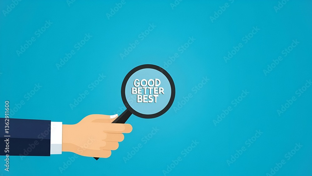 Poster flat hand using magnifying glass to highlight best in good better best sequence on blue background i
