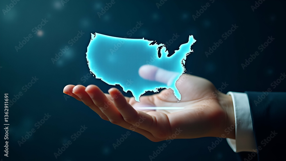 Poster flat hand navigating holographic national parks map for family trips with empty space background con