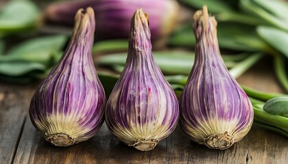 Purple Garlic Bulbs on Wood.