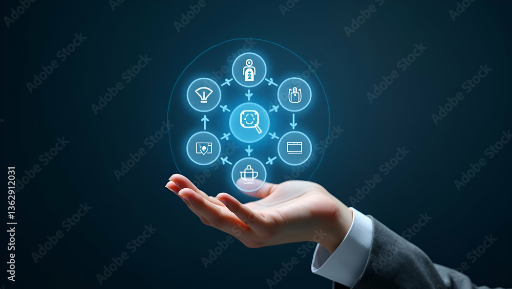 Poster hand holding holographic quality control device for automation assurance & guarantee icons in empty 