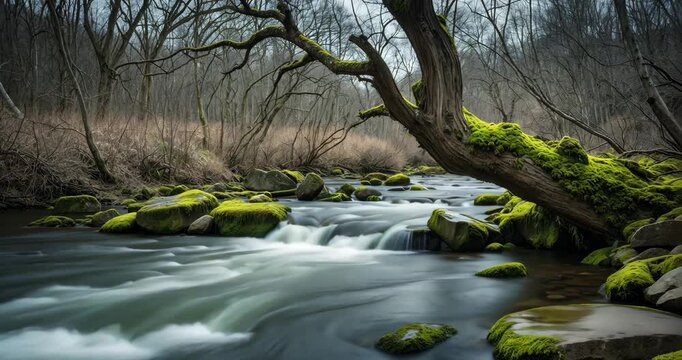 A tranquil river moves by stones blanketed in moss and leafless trees, showcasing the splendor of nature. The soft water contributes a calming aspect to the scenery.