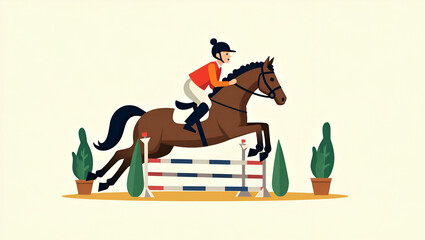 Flat Cartoon 2D Clipart of Equestrian Rider Jumping Hurdles in Horse Showjumping - Ideal for Sports Illustrations and Creative Projects in a Simple, Cute Vector Style