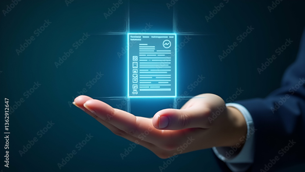 Aufkleber flat hand presenting holographic device: showcase standardized evaluation report formats in style