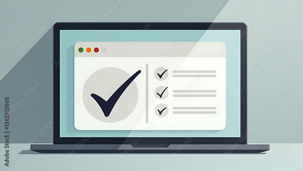 Poster navigating business dilemmas: choosing options with check marks on laptop - a cute vector illustrati