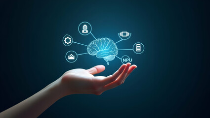 Flat Hand Holding Holographic NPU Icons: AI & Machine Learning Visuals