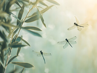 Obraz premium Enchanting Dragonflies in a Softly Lit Natural Setting