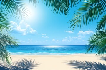 Tropical Beach Paradise Palm Tree Fronds Framing Sandy Shoreline and Blue Ocean View