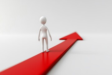 3D Stick Figure Standing on Bold Red Arrow Pointing Upward on Bright White Backdrop