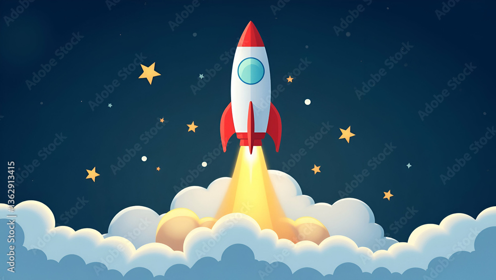 Poster flat colorful rocket blasting off into space with stars and clouds symbolizing innovation exploratio