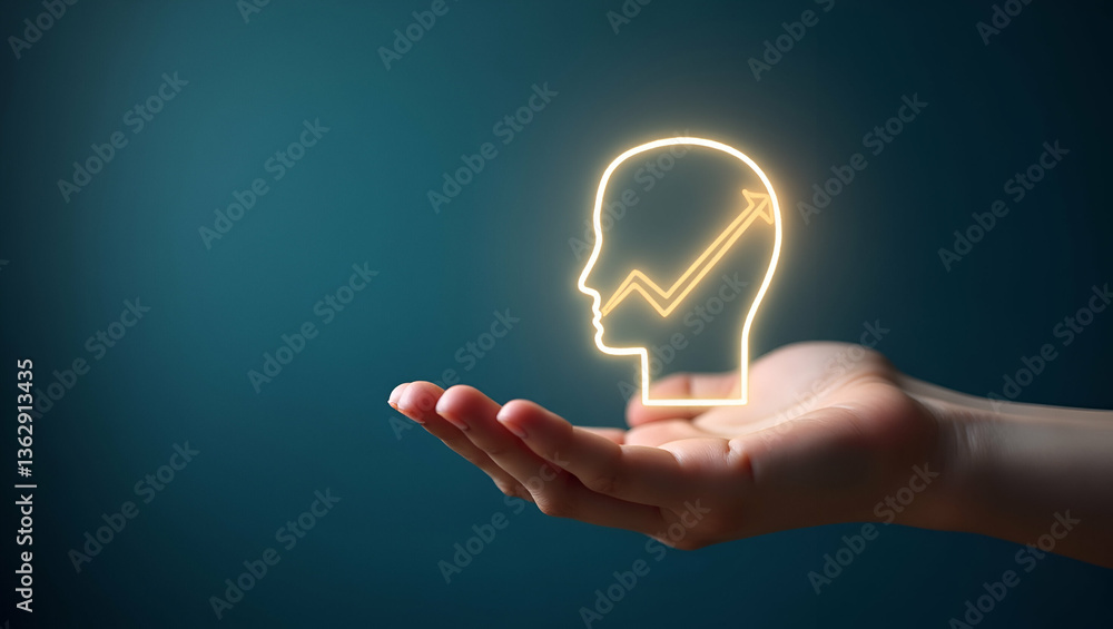 Poster flat hand presenting holographic perseverance symbol representing growth mindset learning perseveran