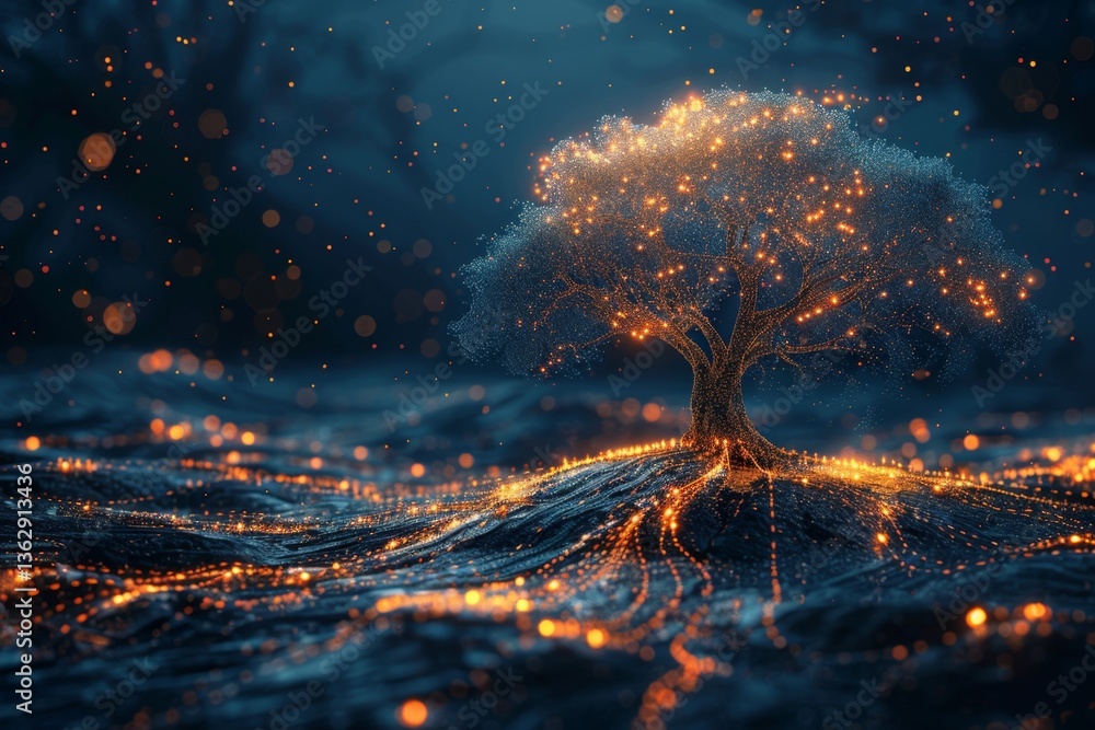 Poster glowing interconnected nodes create an abstract family tree representing lineage and heritage
