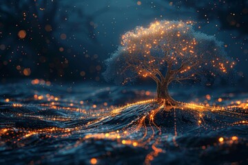 Glowing interconnected nodes create an abstract family tree representing lineage and heritage