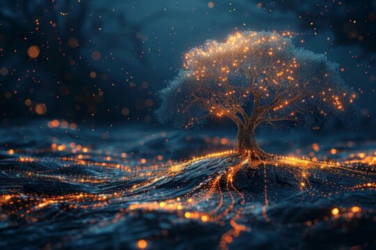 Glowing interconnected nodes create an abstract family tree representing lineage and heritage