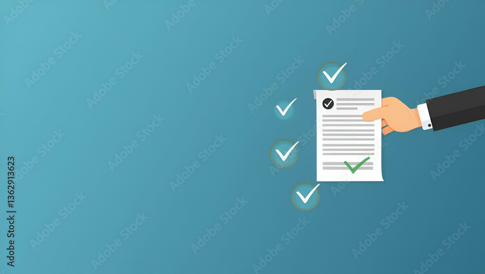 Poster flat hand holding document with checkmark and holographic quality control icons - a simple vector il