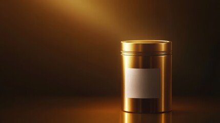 Cylindrical container, blank label, glowing in golden ambient light, luxury aesthetic, premium branding showcase.