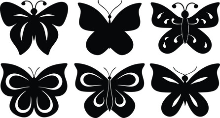 Butterfly Silhouettes: An artistic collection of butterfly silhouettes, showcasing diverse wing patterns and shapes, perfectly captured in a monochromatic style for versatile design use.
