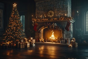 Obraz premium Cozy Holiday Christmas Tree, Fireplace, Presents, Stockings, Warm Lighting