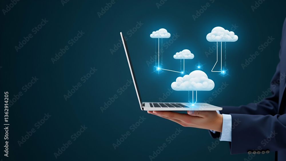 Poster flat man using laptop with cloud computing diagram: a cute vector illustration of networking, intern
