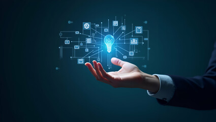 Innovative Flat Hand Interacting with Holographic R&D Device: Icons of Business Solutions & Tech Advancement