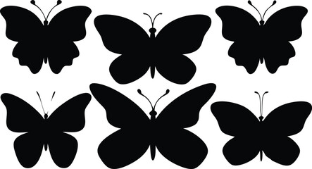 Fototapeta premium Silhouette of Butterfly: A symmetrical view showcases a collection of six graceful butterfly silhouettes, the contrasting black form against a bright backdrop.