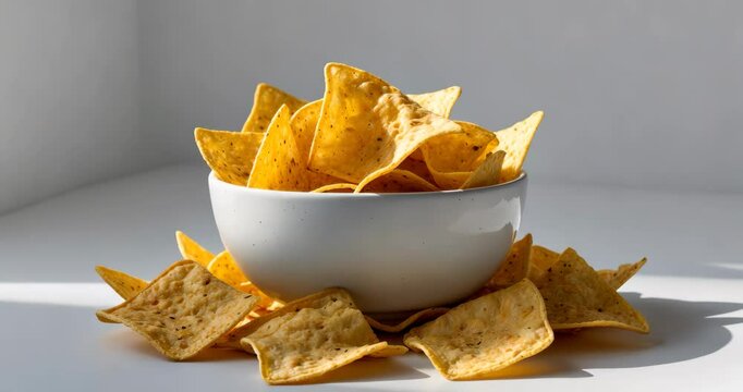 Ceramic dish of nacho chips on a white backdrop