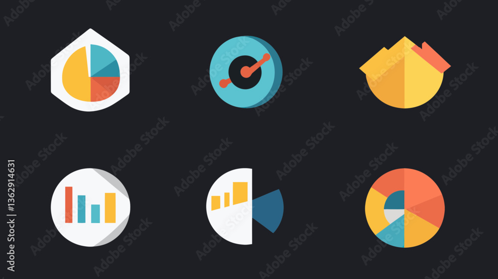 Poster flat ui icons collection for analytics and data visualization, including pie charts, bar graphs, and