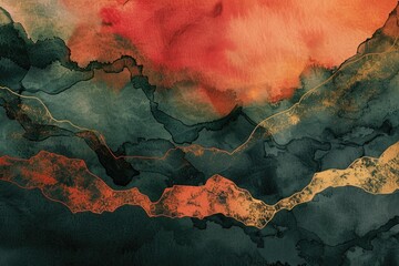 Abstract of painting colored by green and orange shade of oil color stained on the canvas express natural style from paint. Modern wallpaper brushing vibrant watercolor with seamlessly pattern. AIG51.