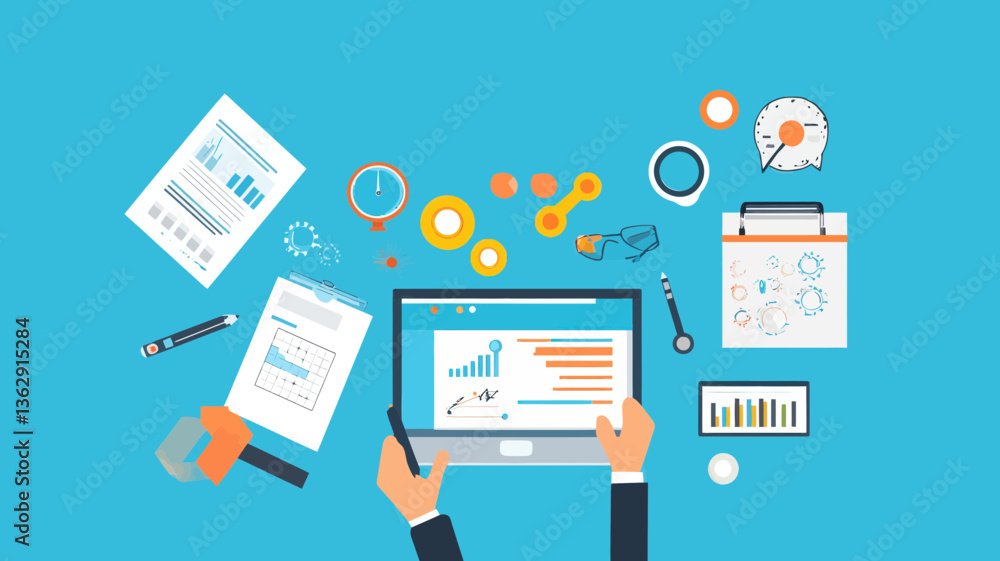 Poster flat design vector illustration of business strategy and creative process with data analytics, chart