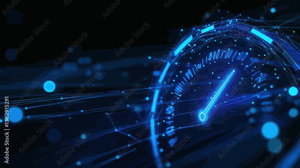 Poster abstract low poly 3d network cable with speedometer in dark blue, super fast internet connection, di