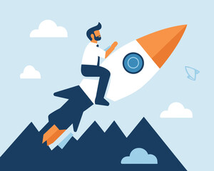 Businessman Riding Rocket for Startup Growth, Investment Boost, Market Returns and Profit Increase, Flat Minimalist SVG Vector