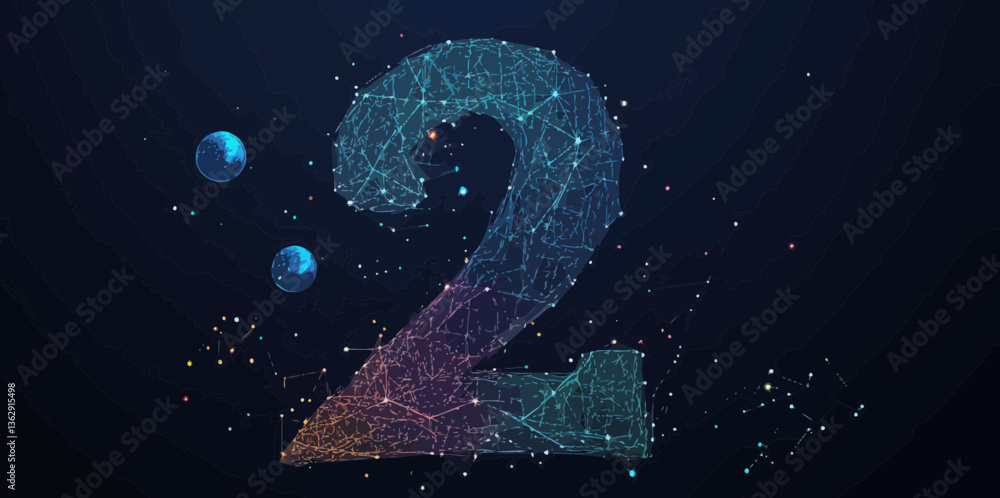 Poster abstract cosmic number two in starry sky with planets and wireframe universe concept - minimalist ve